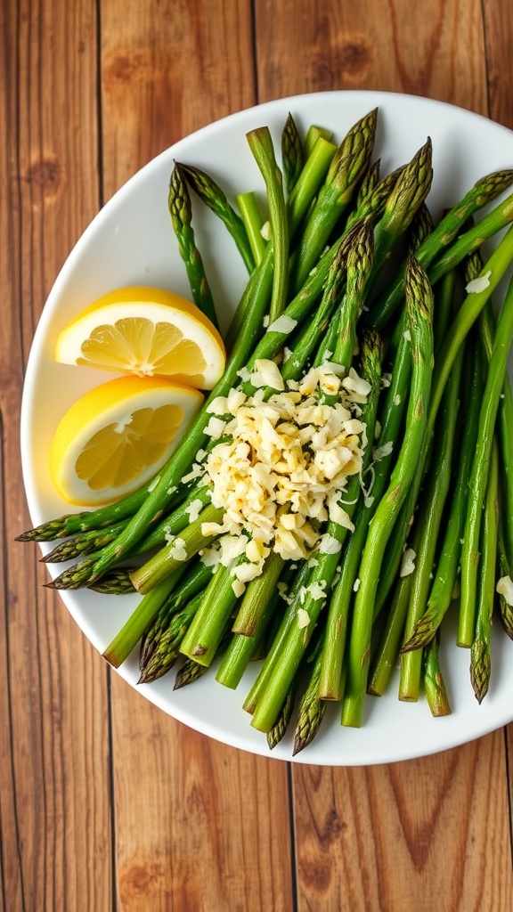 Plate of roasted asparagus topped with Parmesan and garlic, garnished with lemon wedges on a wooden table.